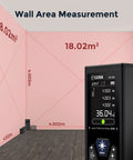 Professional Grade Rechargeable Dual Laser Distance Meter 393 Ft Range displaying wall area measurement on screen.