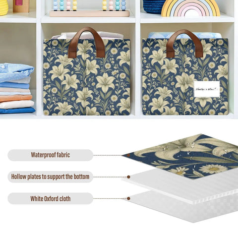 Game Changer Foldable Storage Bins For Shelves With Heavy Duty Steel Frame And Smooth Polyester Fabric Featuring Grab Handles Decorative Floral Organizers For Mess Free Home Organization, showing two bins with floral design.
