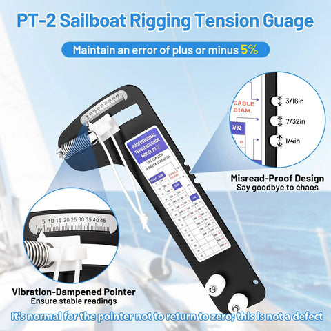 Sailboat Rigging Tension Gauge With Hands Free Clamp On Design For Solo Rigging, black gauge with scale and cable slots