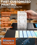 Hand holding receipt from cash register with fast 30 FPS barcode scanner, dual displays, and locking cash drawer for retail use.