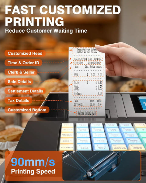 Hand holding receipt from cash register with fast 30 FPS barcode scanner, dual displays, and locking cash drawer for retail use.