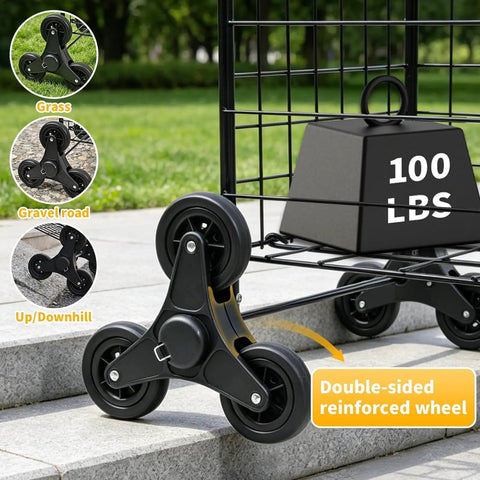 All Terrain Grocery Cart With 360 Degree Swivel Wheels And Stair Climber, black tri wheel design, 100 lbs weight on steps