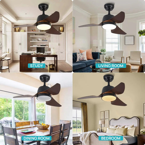 Ultra Quiet DC Motor Ceiling Fan With LED Light For Indoor Outdoor Use, 35 Inch, shown in study, living room, dining, bedroom.