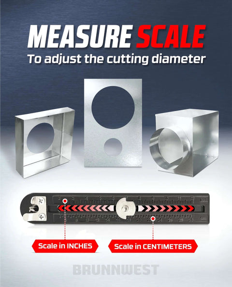 BRUNNWEST adjustable sheet metal hole cutter with 4 extra bits; 2-12 in circles; built-in inch/centimeter scale