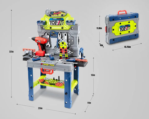 Awesome Kids Tool Workshop Set: 32-Inch Folding Workbench With 35+ Accessories, Electric Drill Toy, shown with tool storage case