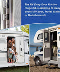 2 Pack Lippert Compatible Trailer Door Hinge, installed on RV, showing door stability against wind, family entering motorhome