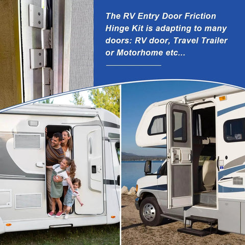 2 Pack Lippert Compatible Trailer Door Hinge, installed on RV, showing door stability against wind, family entering motorhome
