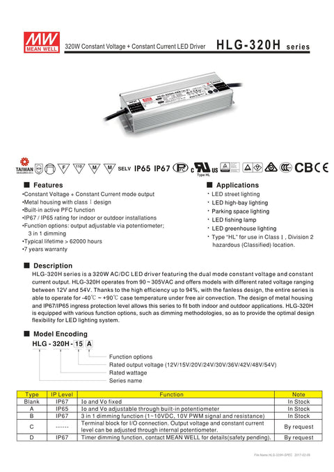 Rock Solid 24V 320W Constant Voltage LED Power Supply HLG-320H-24 waterproof specs and features