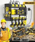 Power Tool Organizer With Built In Charging Station Six Outlets And Three Layer Wall Mounted Drill Storage Rack For Cordless Tools With Utility Shelf No Cable Chaos Garage Organization For Workshop Black shown installed with tools.