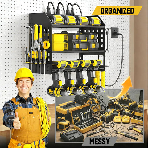 Power Tool Organizer With Built In Charging Station Six Outlets And Three Layer Wall Mounted Drill Storage Rack For Cordless Tools With Utility Shelf No Cable Chaos Garage Organization For Workshop Black shown installed with tools.