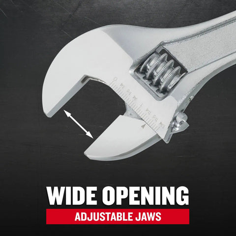 15 Inch Adjustable Wrench With Extra Wide Jaw Opening, Chrome Finish For Corrosion Resistance, Handy SAE And Metric Scale