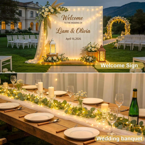 Wedding setup with a welcome sign lit by warm white lights and a banquet table adorned with fairy lights and greenery.