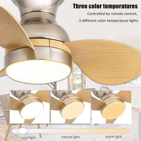 22 Inch Ceiling Fan With Lights And Remote Control, low profile flush mount, showing different light temperatures and wood grain blades