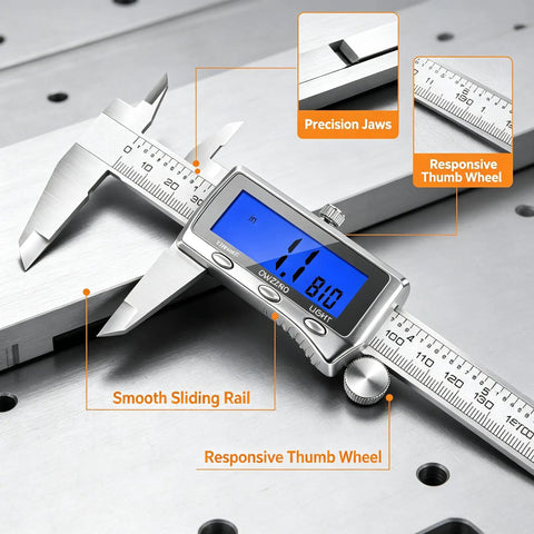 6 Inch Rechargeable Digital Caliper with Backlit LCD USB C Charging Stainless Steel Measuring Tool 0 to 150 mm Inch Millimeter Switch on metal surface