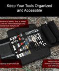 Compact 30 Piece Motorcycle Adventure Tool Kit With Pliers Wrenches Sockets And Screwdrivers In Rugged CR-V Steel Tool Roll open