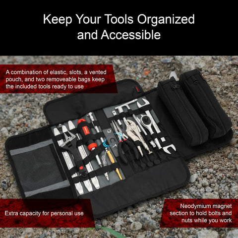 Compact 30 Piece Motorcycle Adventure Tool Kit With Pliers Wrenches Sockets And Screwdrivers In Rugged CR-V Steel Tool Roll open