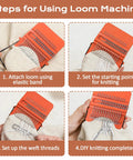 Steps for using Speedweve Darning Mini Loom Kit With 50 Color Threads For Quick Sock And Jeans Mends, four-step process visible