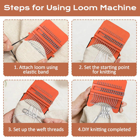 Steps for using Speedweve Darning Mini Loom Kit With 50 Color Threads For Quick Sock And Jeans Mends, four-step process visible