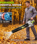 Man using Cordless Leaf Blower 650 CFM With Dual 4.0Ah Batteries And Charger in park surrounded by autumn leaves