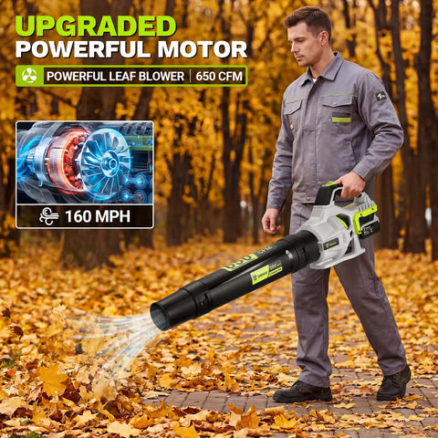 Man using Cordless Leaf Blower 650 CFM With Dual 4.0Ah Batteries And Charger in park surrounded by autumn leaves