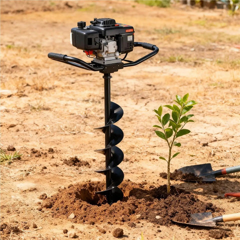 Heavy Duty 800mm By 150mm Steel Garden Earth Auger Drill Bit With Locking Pin in soil near small plant