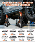 Heavy Duty 6 Ton Jack Stands With Crossbars For Cars And Trucks Featuring Double Pin Locking Mechanism and Protective Rubber Tops, shown under a vehicle.