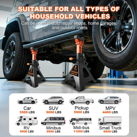 Heavy Duty 6 Ton Jack Stands With Crossbars For Cars And Trucks Featuring Double Pin Locking Mechanism and Protective Rubber Tops, shown under a vehicle.