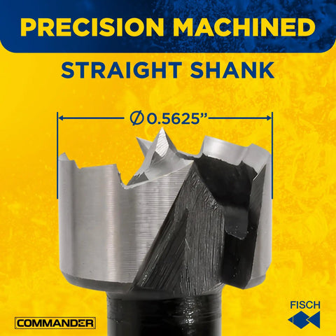 Close-up of Badass Heavy Duty Forstner Drill Bit Rock Solid High Speed Steel with 0.5625" diameter for precise woodworking.