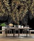 Dining room with modern furniture and gold leaf wallpaper, plant decor