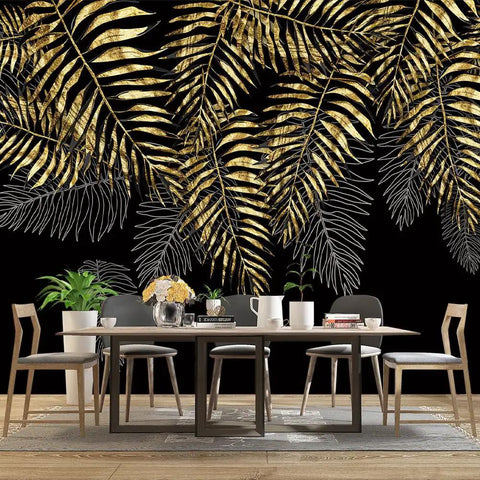 Dining room with modern furniture and gold leaf wallpaper, plant decor