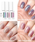 Cat Eye Magnetic Gel Nail Polish Kit With Holographic Glitter shown in 3 colors on nails and bottles, including magnet tool.