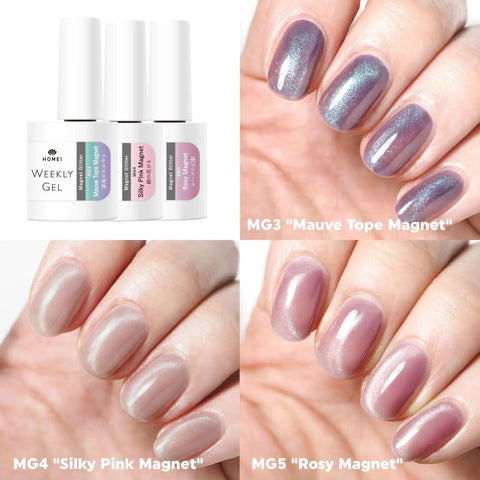 Cat Eye Magnetic Gel Nail Polish Kit With Holographic Glitter shown in 3 colors on nails and bottles, including magnet tool.