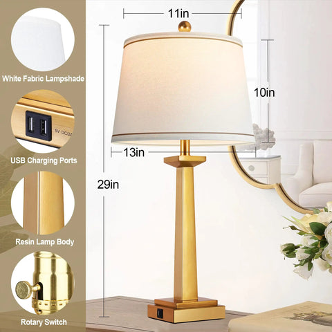 Gold 29 Inch Table Lamps Set of 2 for Living Room, Modern Resin Brass Tall Lamps With 3-Color Temperature, USB and LED