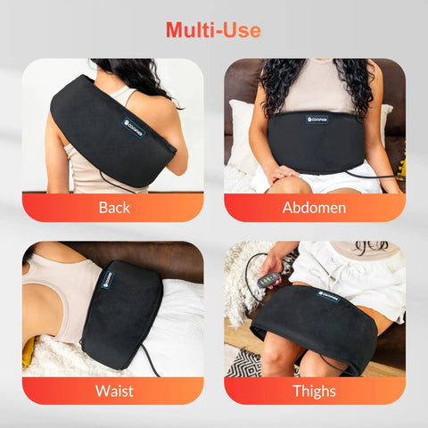 Plug In Back Heating Pad With Vibration Massager Low Heat And Auto Shut Off Heated Waist Belt For Lower Back Pain Relief shown in use on back, abdomen, waist, and thighs.