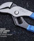 Close-up of a plier from the 2 Piece Tongue And Groove Pliers Set With Straight Jaw For A Strong Grip And Handy Use Permalock Fastener Built.