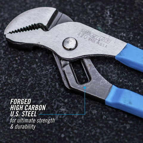 Close-up of a plier from the 2 Piece Tongue And Groove Pliers Set With Straight Jaw For A Strong Grip And Handy Use Permalock Fastener Built.