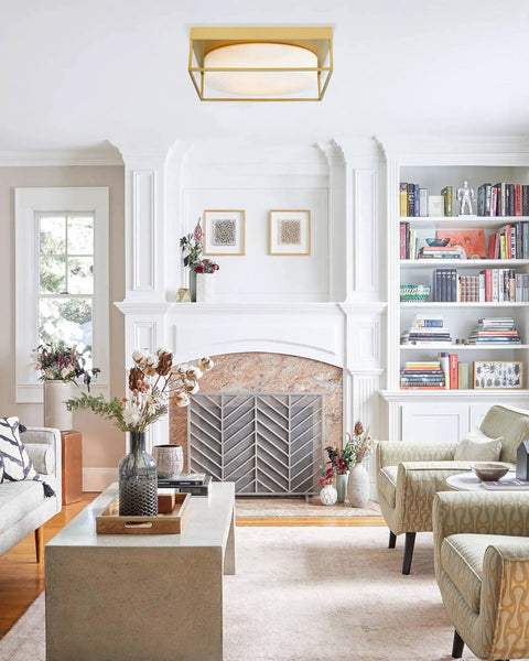 15 Inch Flush Mount Ceiling Light Fixture In Gold Finish With Opal Frosted Glass in living room, modern vintage style.