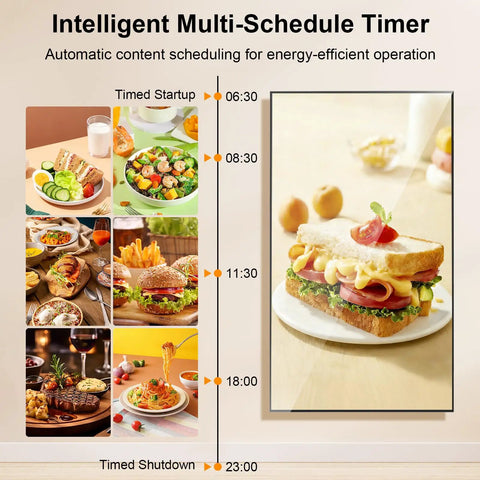 32 Inch Wall Mount Digital Signage Display With Straight Up Sharp 2K Feed And A Slim Frameless Body built to showcase food images.