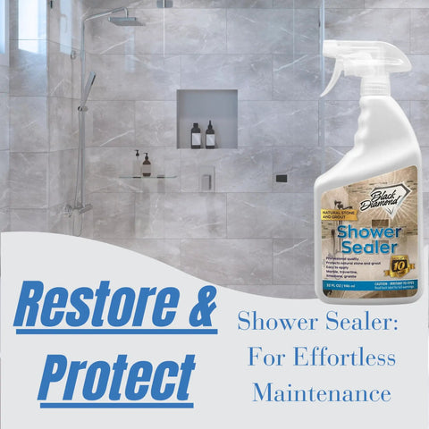 Penetrating Stone And Grout Sealer For Showers And Bathrooms Protects Marble Granite Travertine And Limestone And Grout From Water Soap Scum And Calcium Keeps Surfaces Looking Slick And Easy To Clean Works On Tile Ceramic Porcelain Grout 1 Quart bottle in bathroom setting