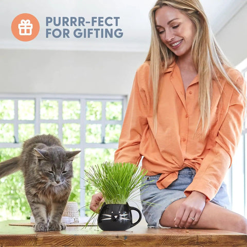 Woman with cat and Organic Cat Grass Growing Kit For Indoor Cats With Premium Seed Mix, Soil, And Planter, Hairball Control.