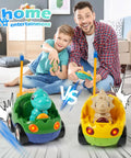 Father and son playing with Remote Control Dinosaur Car Toy Two Pack With Lights And Music For Toddlers Boys Ages 2 To 5.