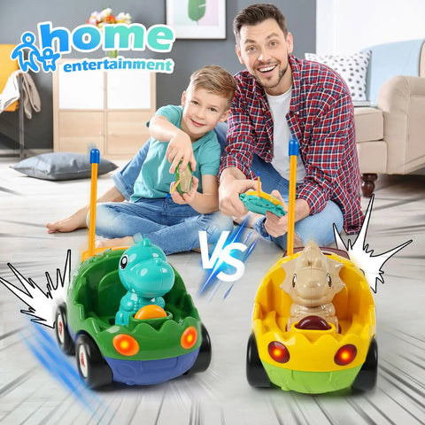 Father and son playing with Remote Control Dinosaur Car Toy Two Pack With Lights And Music For Toddlers Boys Ages 2 To 5.