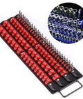 Heavy Duty Portable Socket Organizer Tray Set With Steel Base And ABS Rails In Blue And Red Clips Holds One Quarter Inch Three Eighths Inch And One Half Inch Sockets With Spring Loaded Clips For A Tight Secure Fit.