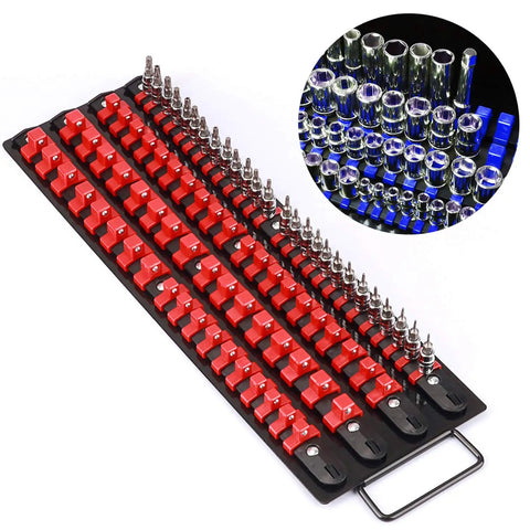 Heavy Duty Portable Socket Organizer Tray Set With Steel Base And ABS Rails In Blue And Red Clips Holds One Quarter Inch Three Eighths Inch And One Half Inch Sockets With Spring Loaded Clips For A Tight Secure Fit.