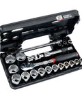 Open case of V Series Shallow SAE Socket Set Half Inch Drive 21 Piece With Six Point Sockets Off Corner Construction