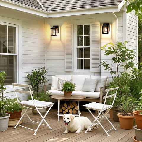 Heavy Duty Outdoor Wall Light Built Sick For Rain Or Shine Premium Metal Sconce With Shatter Proof Glass by a cozy patio seating area.