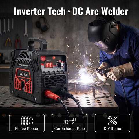 Portable Stick Welder With IGBT Inverter 250A Output Display And Included Electrode Holder And Clamp Lightweight 7.05 Lb Backpack Ready Design For Easy On The Go Welding used by a person welding metal on a table.