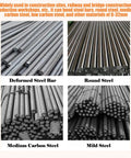 Variety of steel bars including Deformed, Round, Medium Carbon, and Mild Steel, suitable for Plug And Play 110V Electric Rebar Bender Machine.
