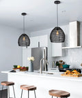 Bamboo Pendant Light Fixture Black Finish, Boho Rattan Woven Hanging Lamp For Kitchen Island Or Nursery, 17.7 Inch Wide, E26 Socket