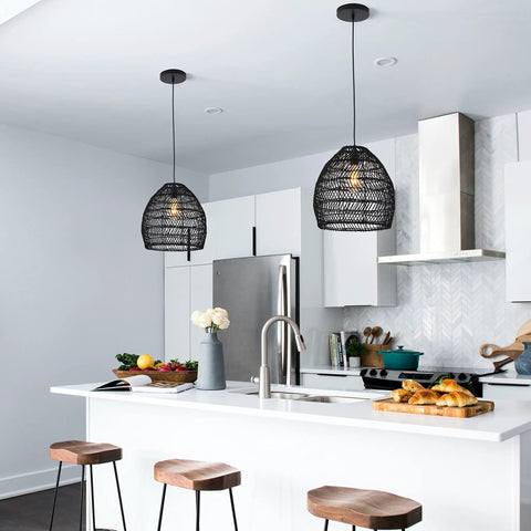 Bamboo Pendant Light Fixture Black Finish, Boho Rattan Woven Hanging Lamp For Kitchen Island Or Nursery, 17.7 Inch Wide, E26 Socket